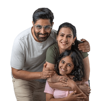 Parents hugging their smiling child